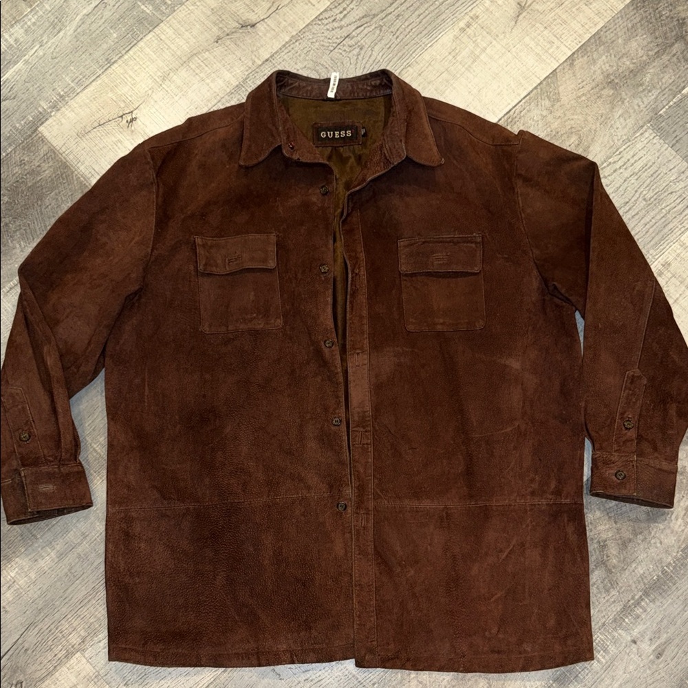 Vintage GUESS Men's Dark Brown Suede Shirt Jacket